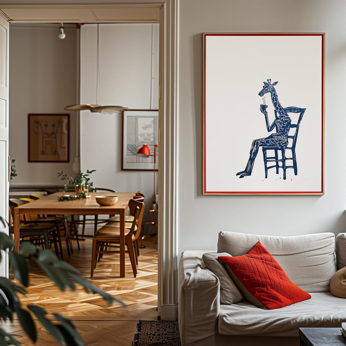 Giraffe Drinking Coffee Linocut Chair Scene Poster Quirky Animal - Image 3