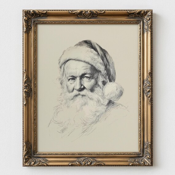 Vintage Santa Claus Portrait Sketch Antique Style Christmas Wall Art