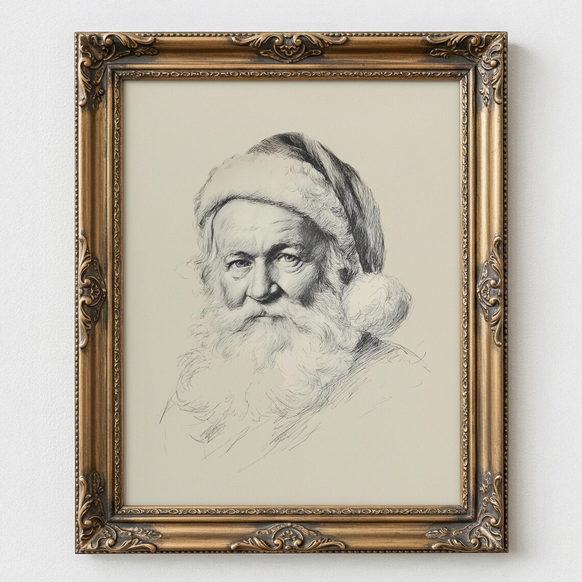 Vintage Santa Claus Portrait Sketch Antique Style Christmas Wall Art
