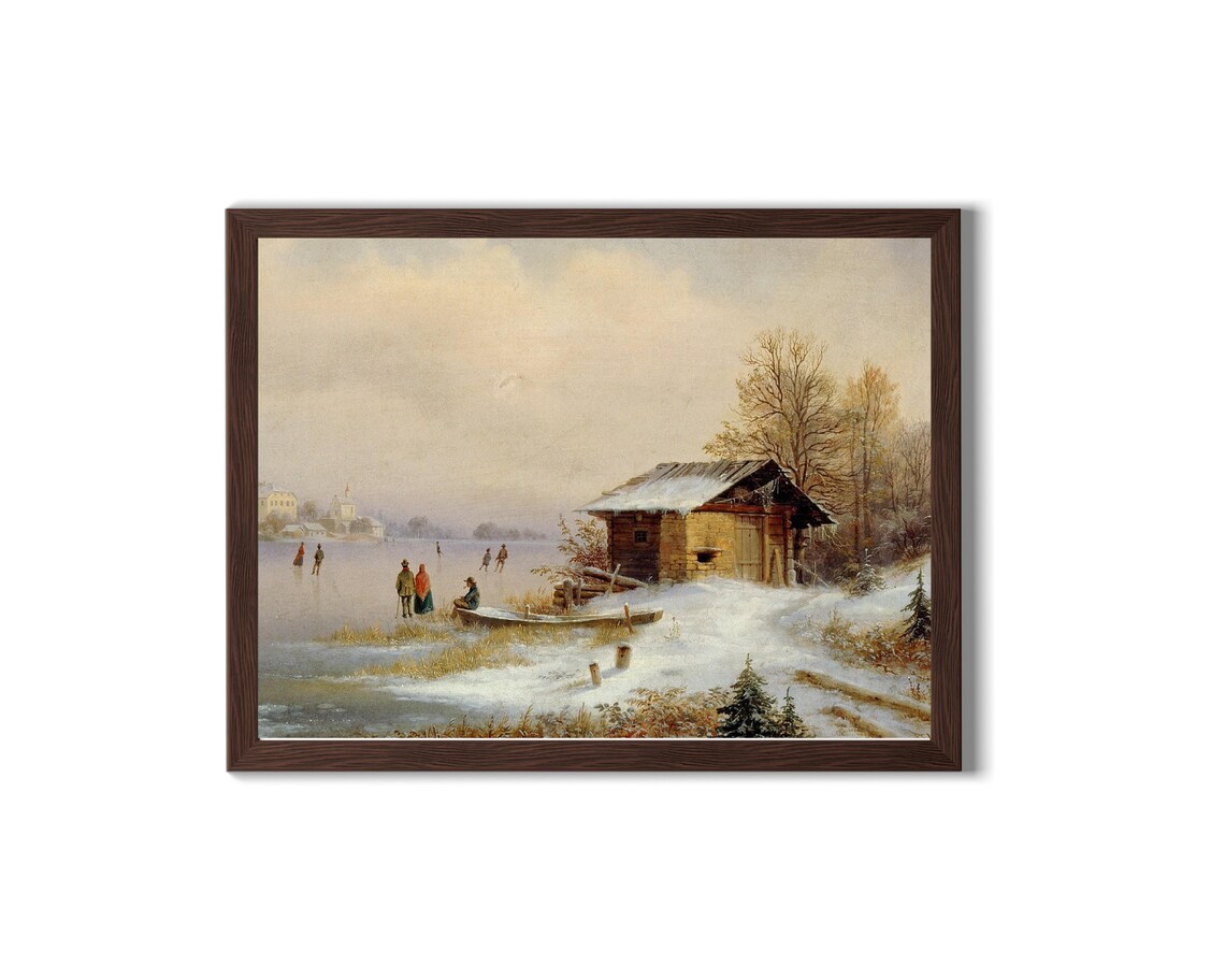 Vintage Winter Lake Cabin Snow Skaters Oil Painting Style Poster - Image 2