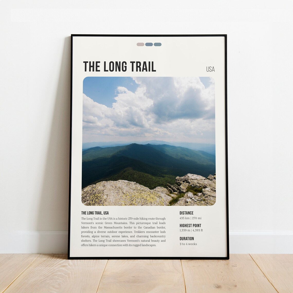 The Long Trail Map Poster, Hiking Adventure