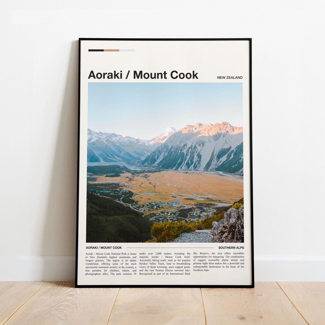 Aoraki Mount Cook New Zealand Minimalist Southern Alps Travel Poster