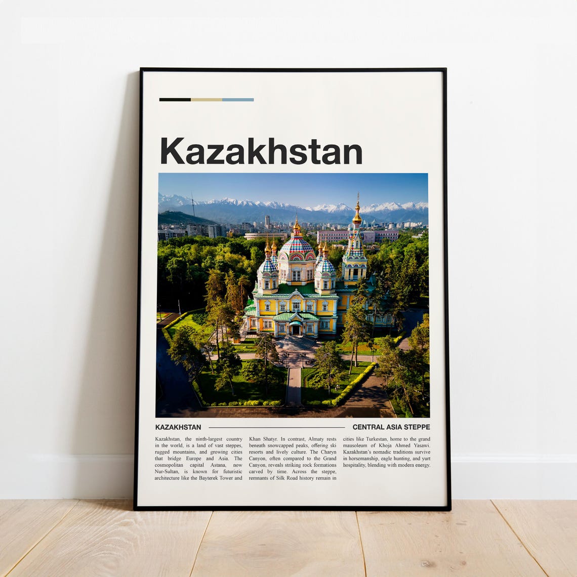 Kazakhstan Minimalist Travel Poster Almaty Cathedral Mountains