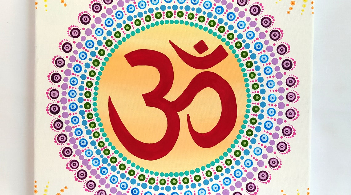 Red Om Symbol Gold Circle Colorful Dot Mandala Meditation Wall Art - Image 3