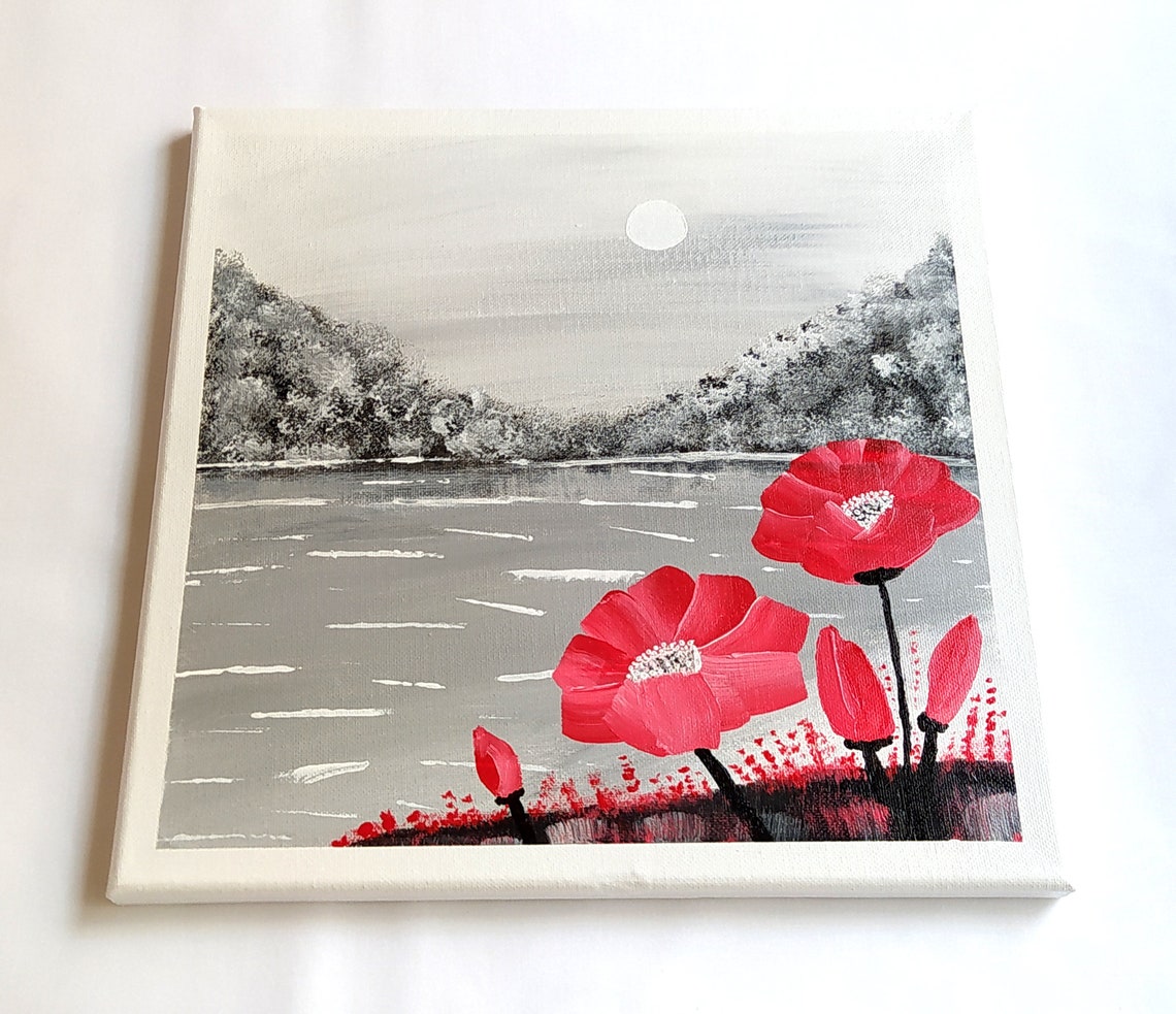 Red Poppies Black White Lake Moon Hills Dramatic Floral Canvas Print - Image 2