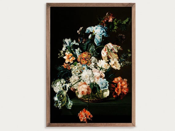 Moody Flowers Still Life, Vintage Oil Painting Art Print