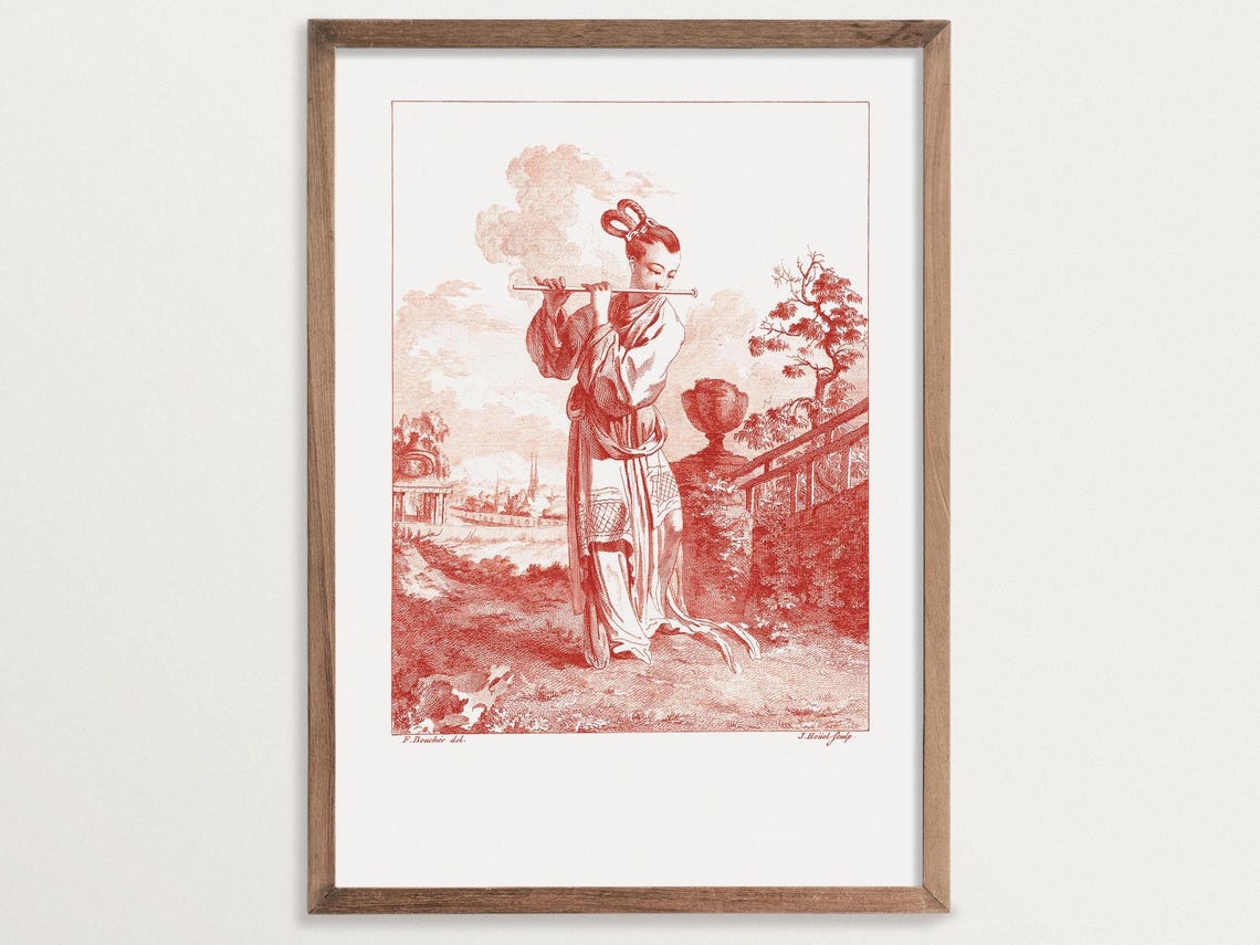 Chinoiserie Woman Playing Flute, Vintage Art Print