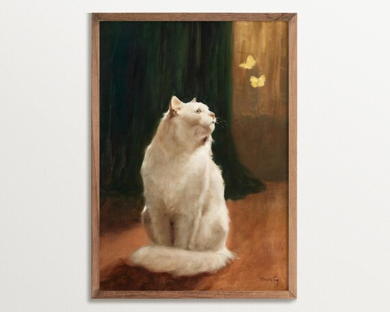 White Cat Watching Yellow Butterflies Vintage Oil Painting Poster