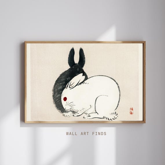 Kno Bairei Rabbit Print Japanese Sumie Bunny Art Vintage Ink Painting Minimalist Zen Wall Decor 300 Dpi
