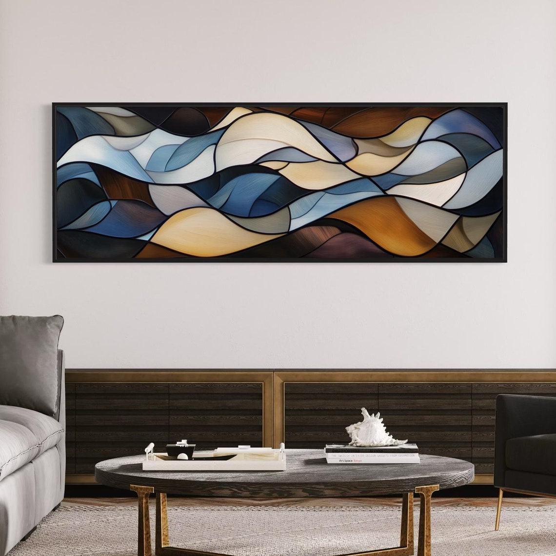 Blue Cream Abstract Waves Fluid Panoramic Stained Glass Style Poster