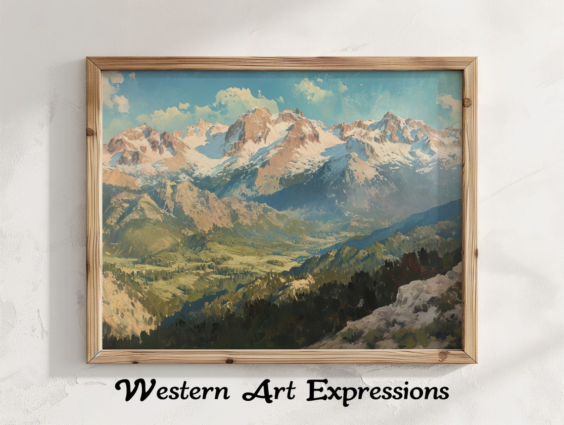 Rocky Snow Capped Mountain Peaks Above a Green Valley Oil Art Poster