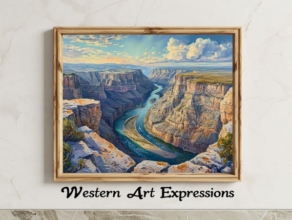 Landscape Oil Painting Bighorn River Canyon Rustic Home Decor Wall Art