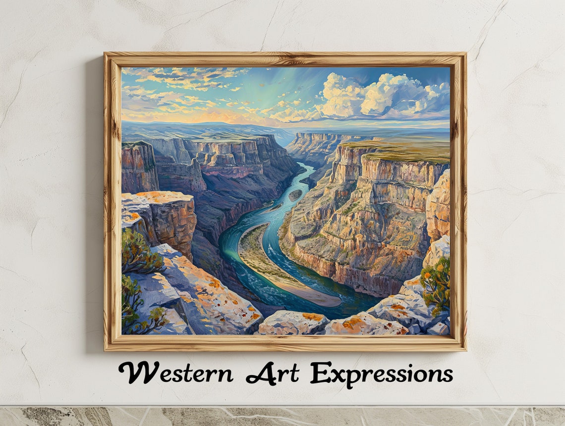 Winding River Canyon Cliffs Sunset Oil Painting Landscape Poster