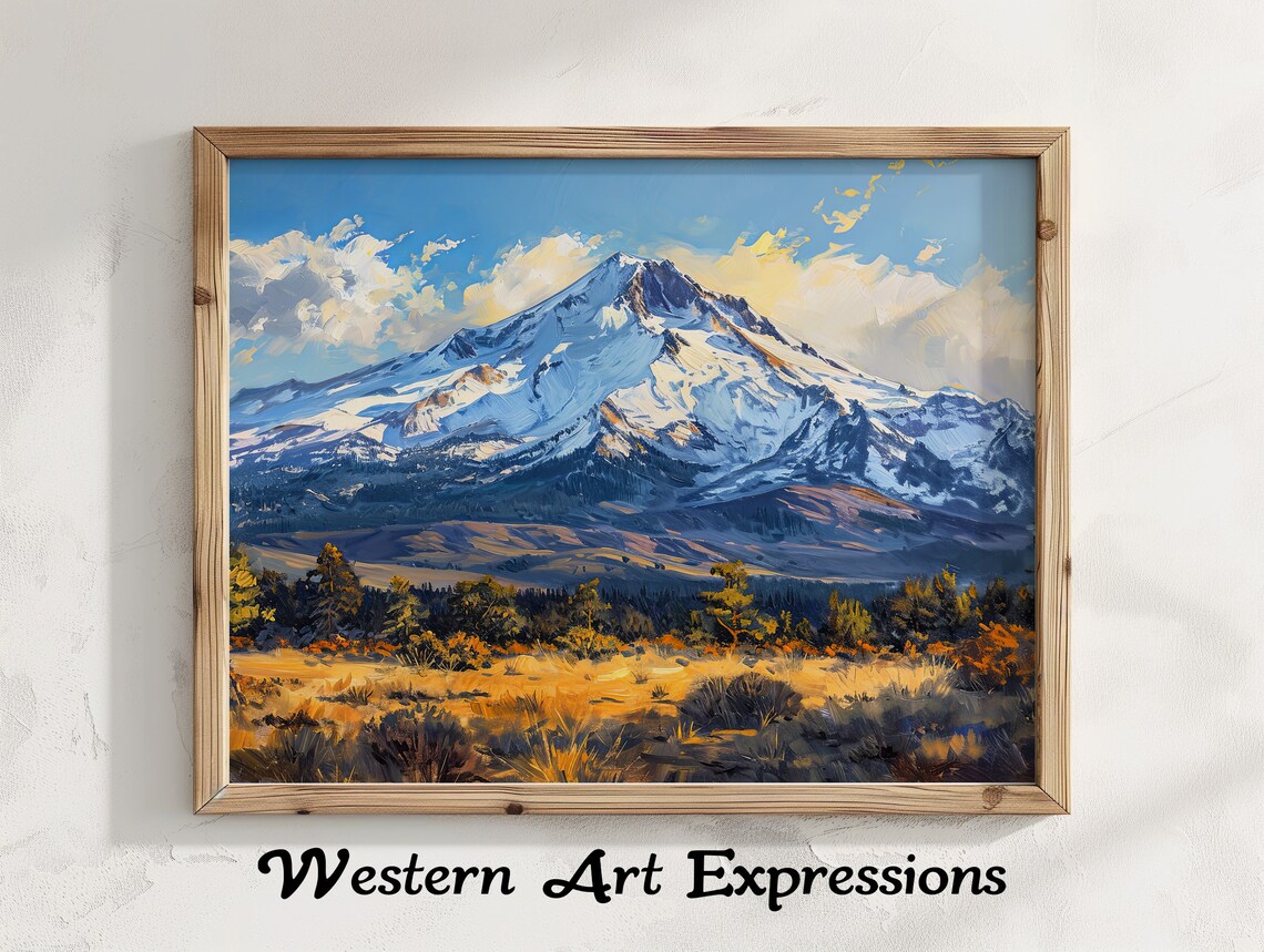 Mount Shasta Snowy Volcano Peak Golden Meadow Oil Painting Poster