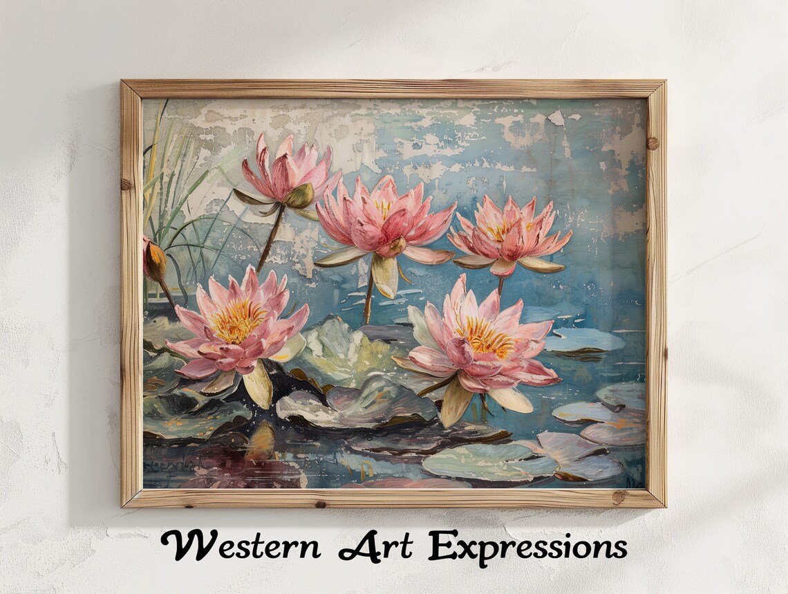 Dreamy Pink Water Lilies Pond Impressionist Vintage Floral Art Poster