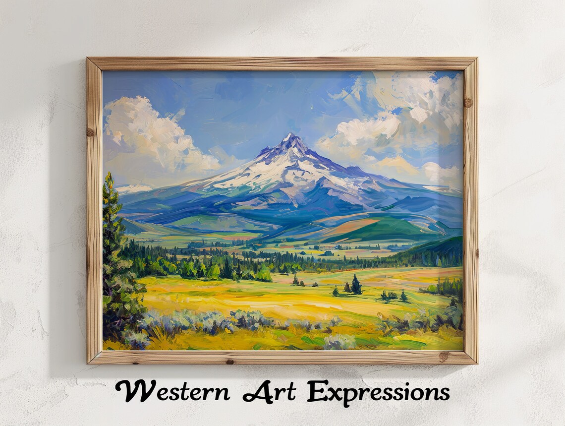 Mount Jefferson Oregon Snow Peak Golden Meadow Oil Painting Poster