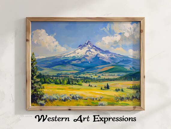 Mount Jefferson Oregon Snow Peak Golden Meadow Oil Painting Poster
