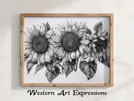 Sunflower Trio Ink Drawing Wall Art Black And White Floral Print Botanical Illustration Bedroom Living Room Artwork