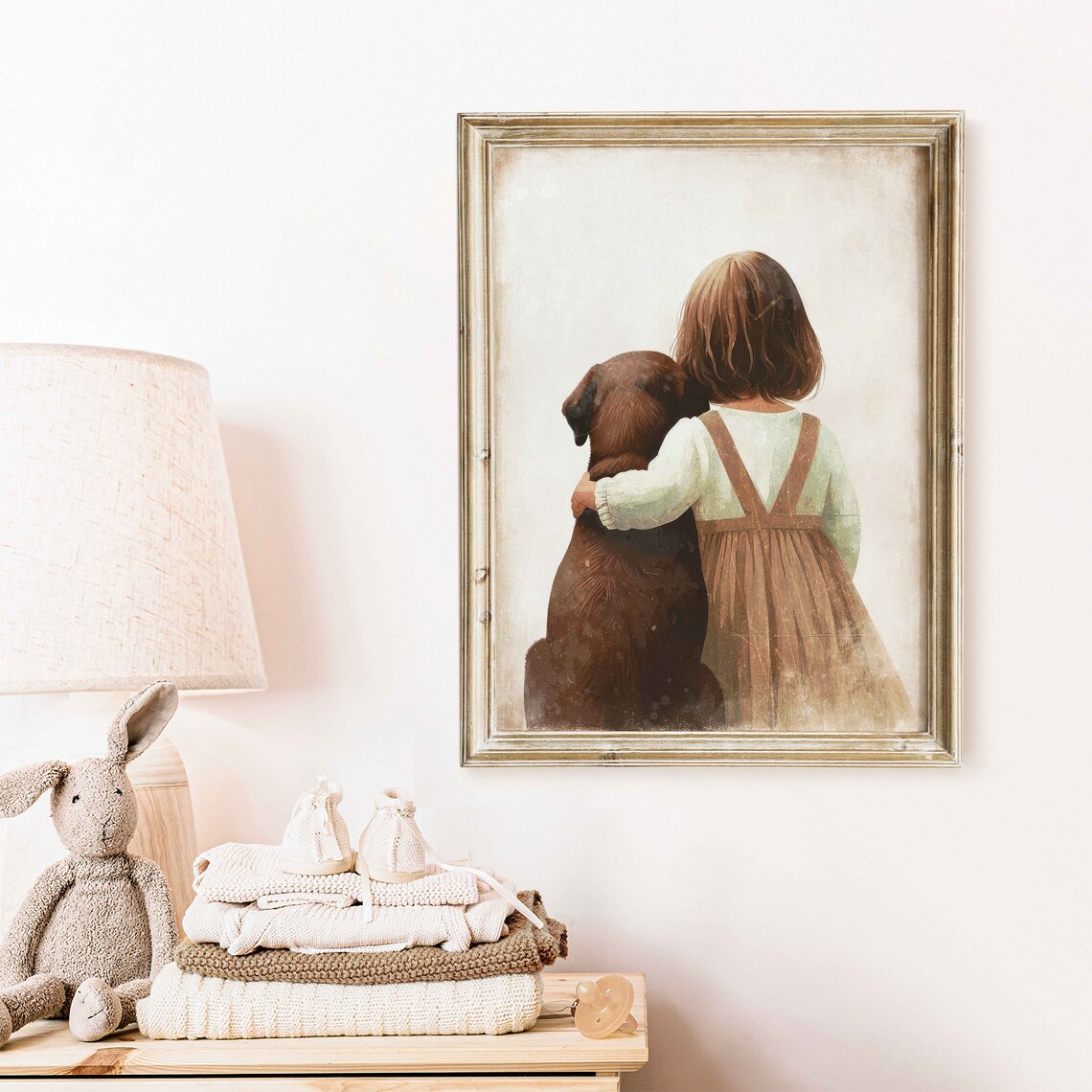Little Girl Hugging a Brown Dog in Vintage Nursery Style Poster - Image 2