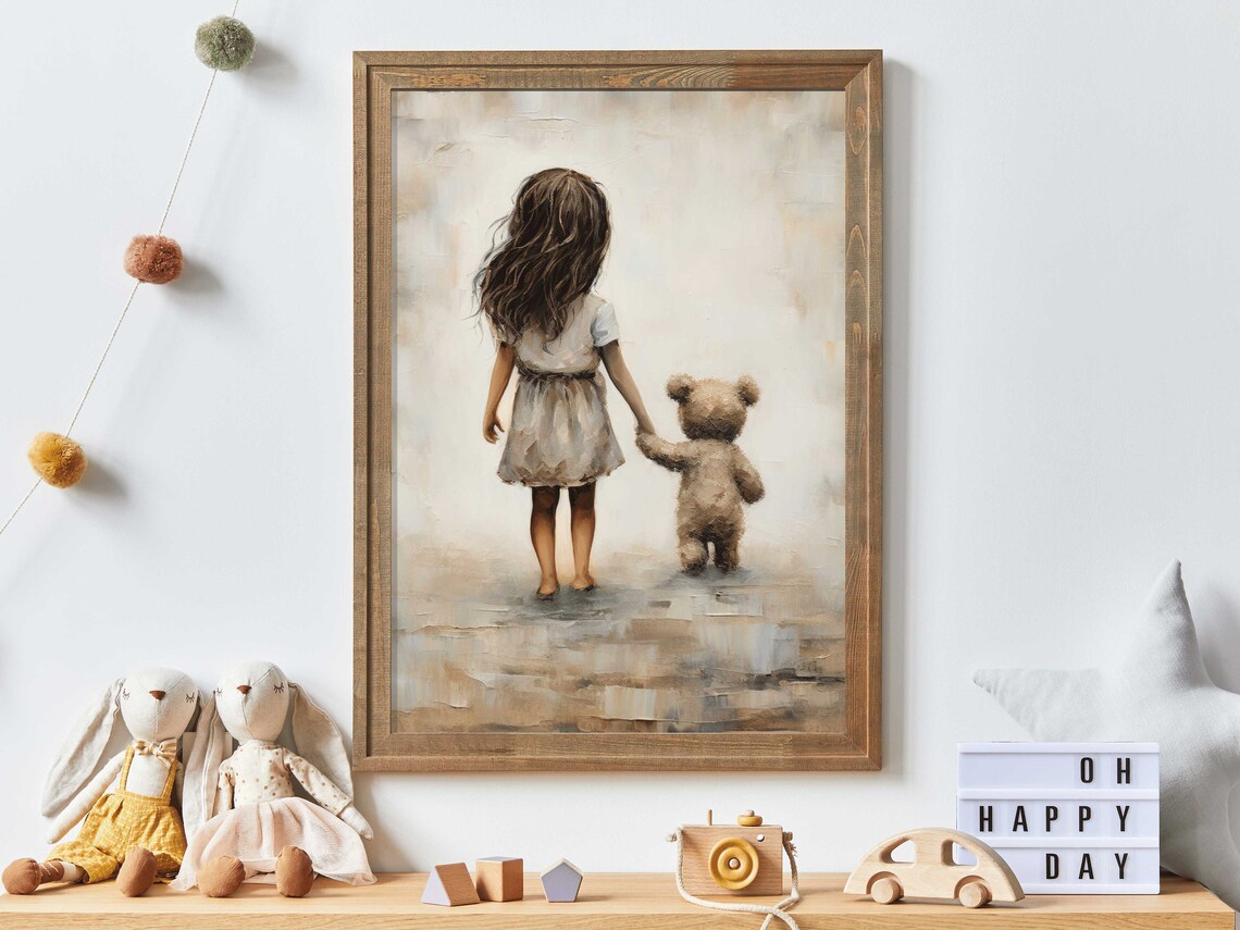 Rustic Nursery Decor Girl Teddy Bear Art Print