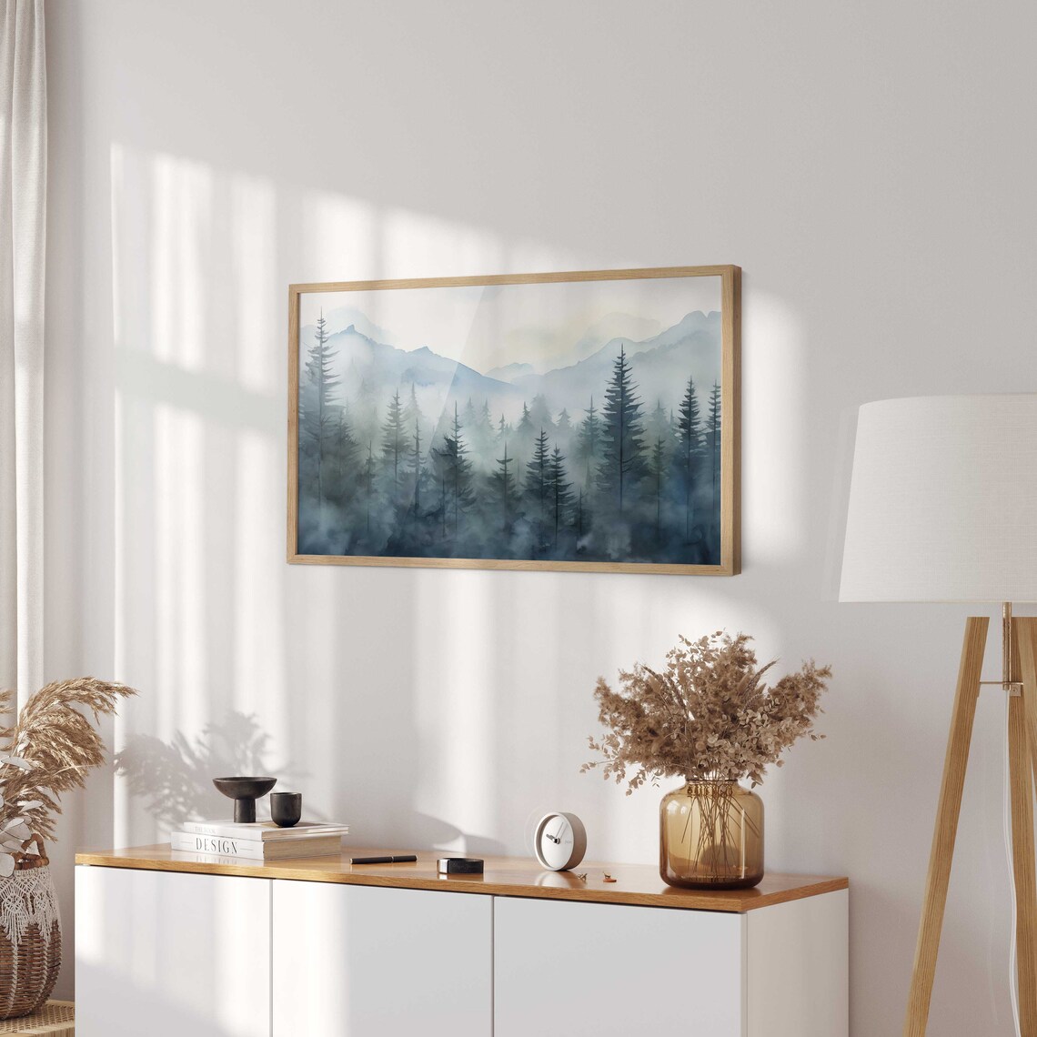 Blue Forest Misty Watercolor Landscape Art Print - Image 3