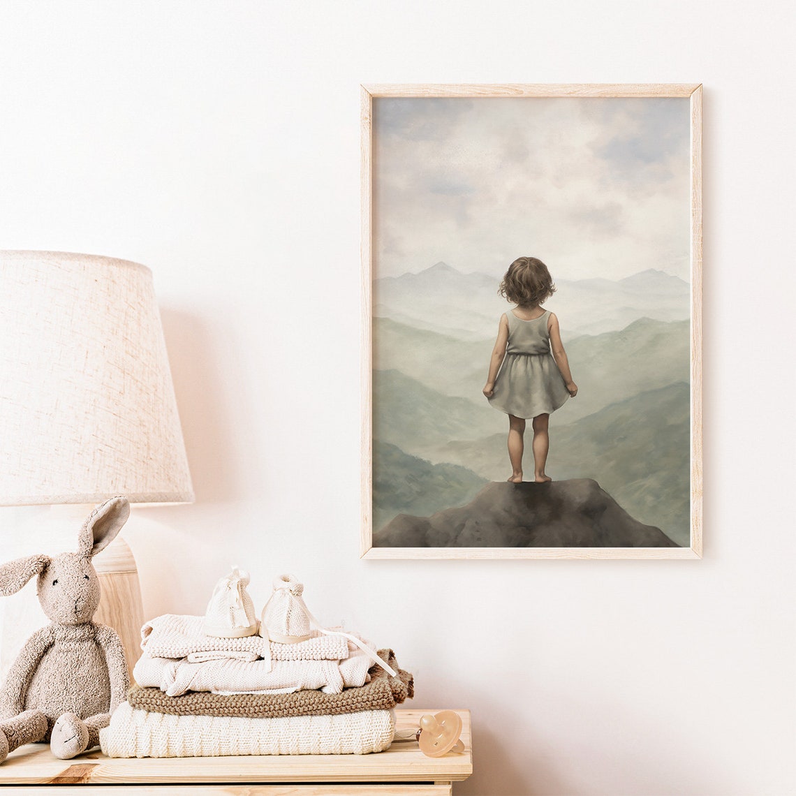 Little Girl Standing On Mountain Peak Overlooking Clouds Art Poster - Image 2