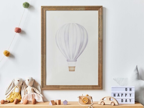 White Striped Hot Air Balloon Minimalist Nursery Watercolor Poster