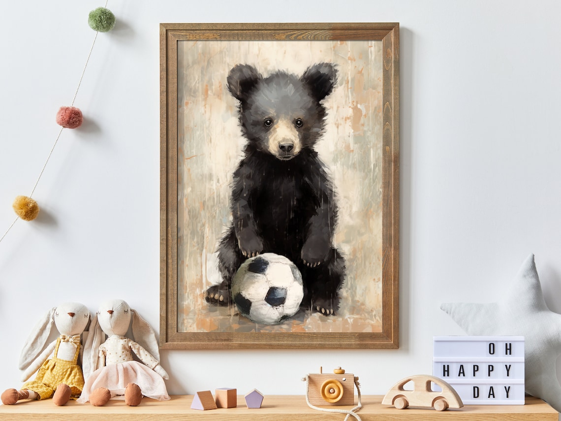 Bear Cub Football Player Vintage Nursery Art