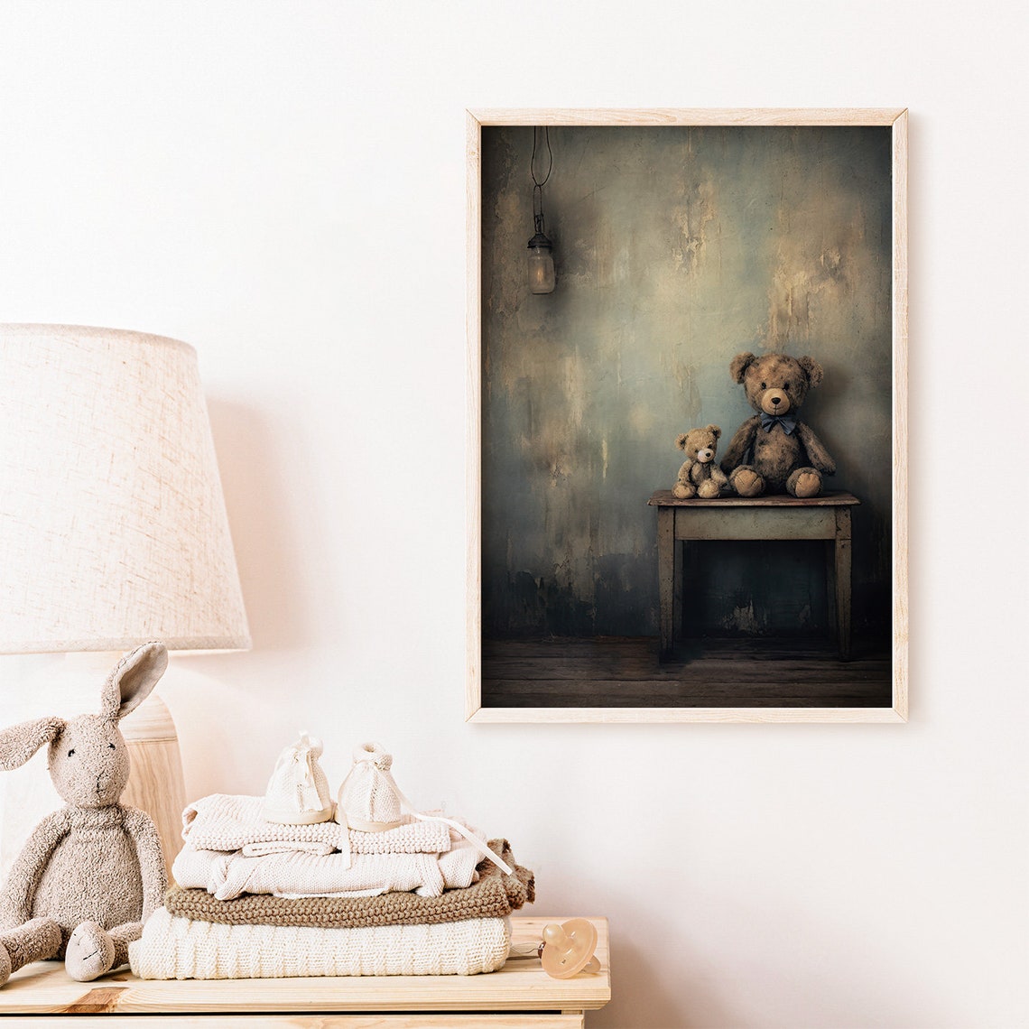 Two Vintage Teddy Bears On Old Wooden Table Moody Nursery Poster Art - Image 2