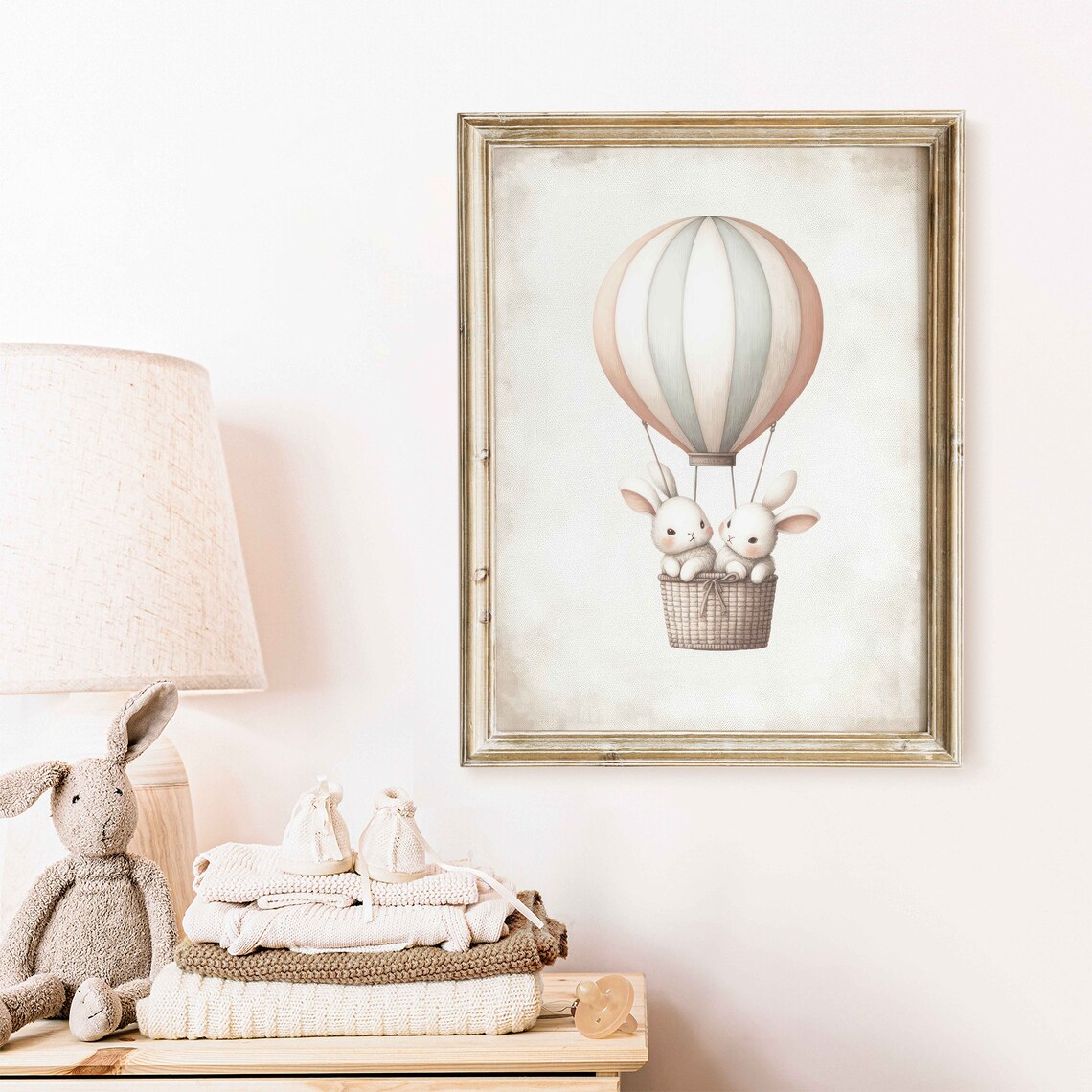 Two Cute Bunnies Riding Hot Air Balloon Nursery Watercolor Poster - Image 2