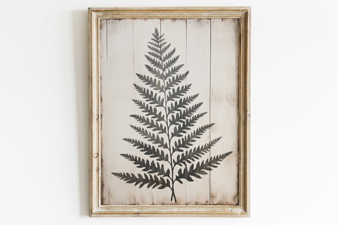 Black Fern Frond Botanical Poster Vintage Wood Panel Rustic Decor