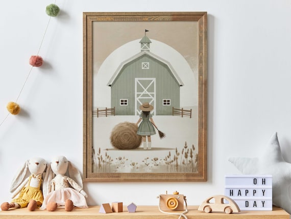 Sage Green Barn With Girl And Hay Bale Minimalist Farm Nursery Poster
