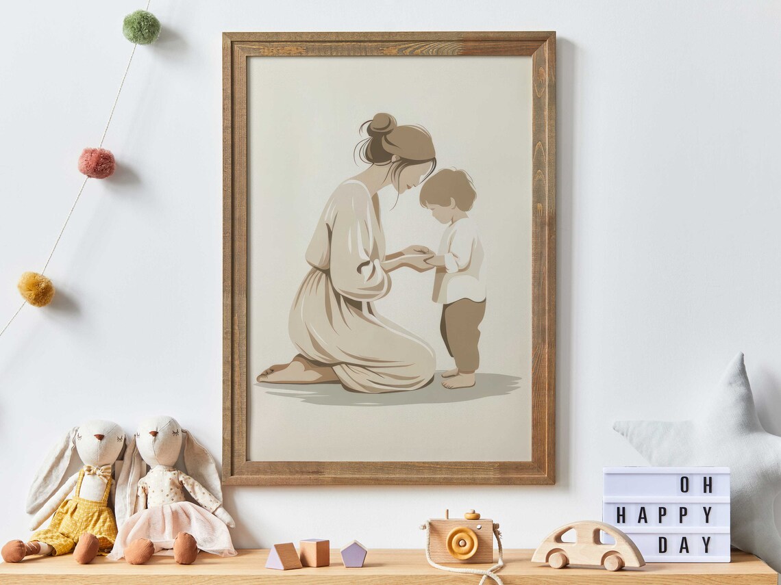 Mother And Son Print Gift For Mothers Mom And Child Art Print Minimalist Mother Portrait Mother Son Bond Art Vintage Wall Art