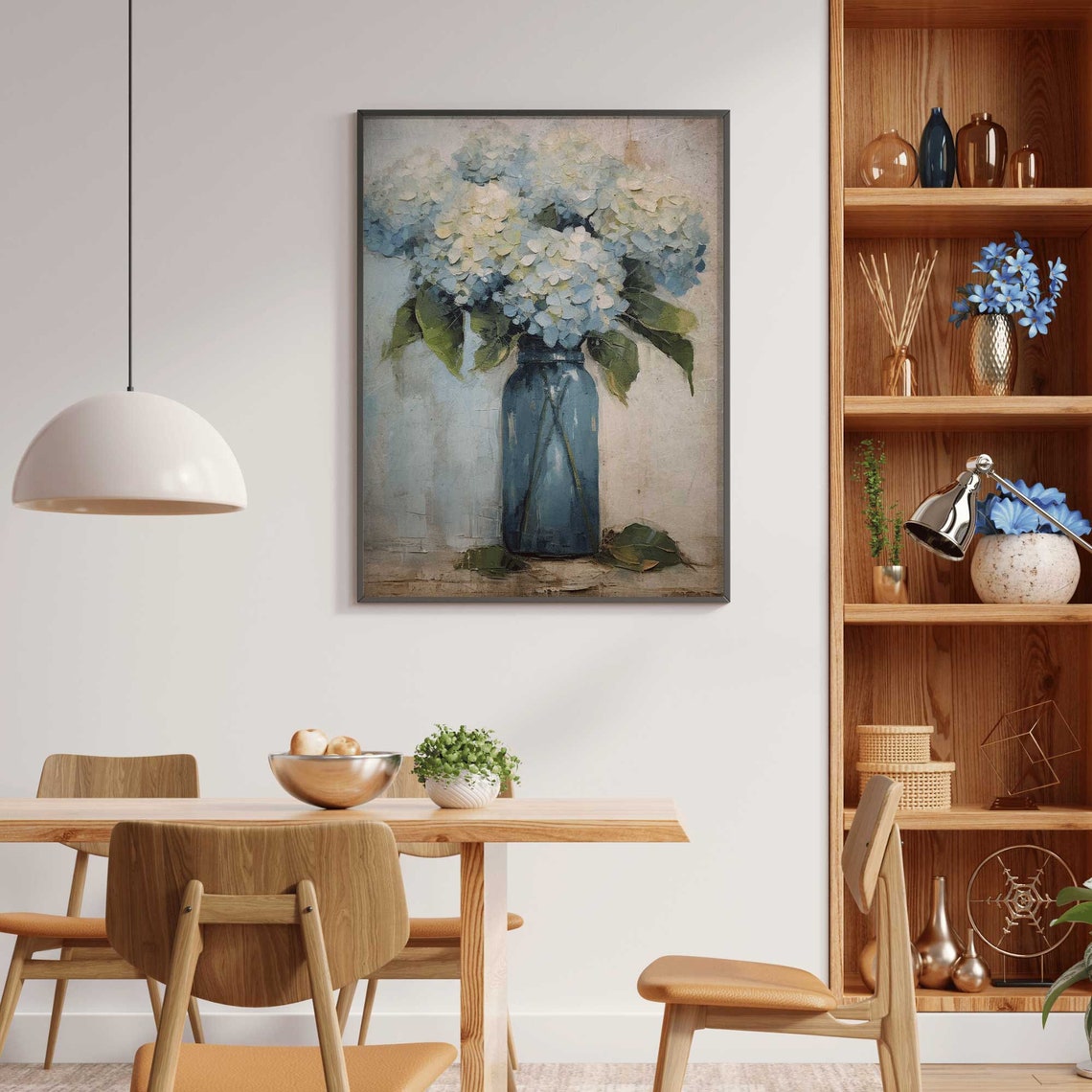 Blue Hydrangeas In A Blue Vase Soft Painterly Vintage Floral Art Print - Image 2