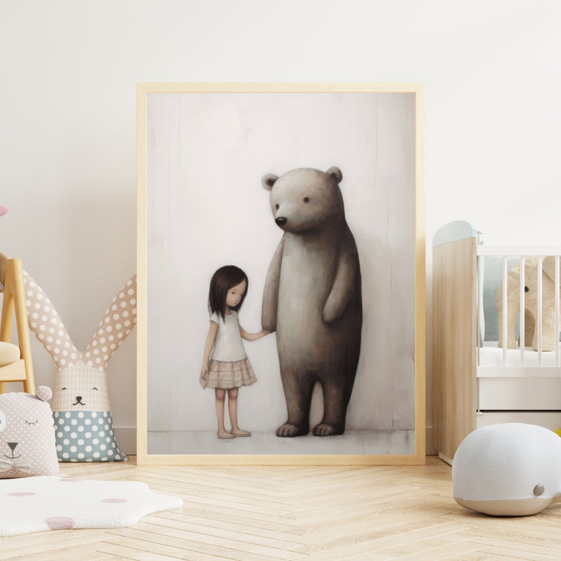 Little Girl Holding Hands With A Gentle Giant Bear Nursery Art Print - Image 2