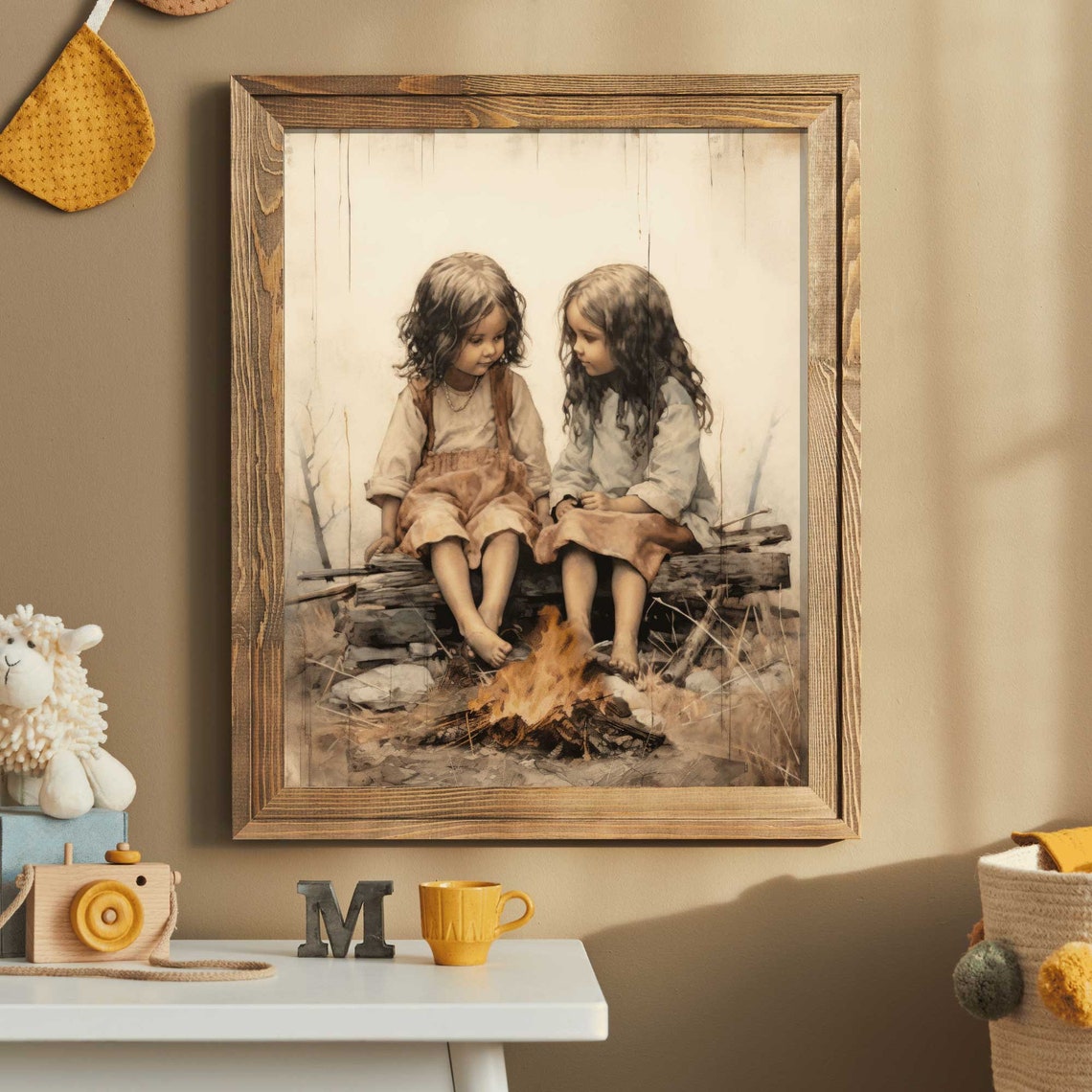 Two Sisters Sitting By A Campfire Vintage Boho Portrait Poster - Image 2