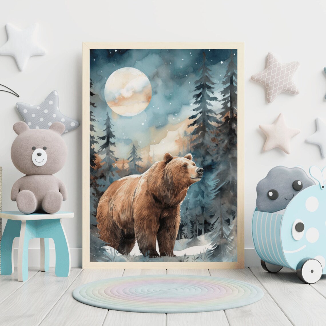 Majestic Brown Bear Under a Full Moon in Watercolor Forest Poster - Image 2