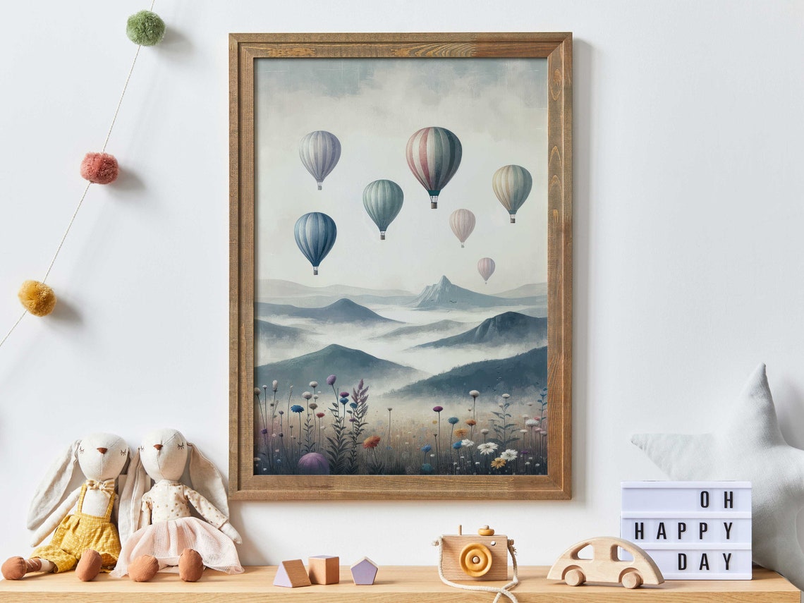 Pastel Hot Air Balloons Floating Over Misty Mountains Poster