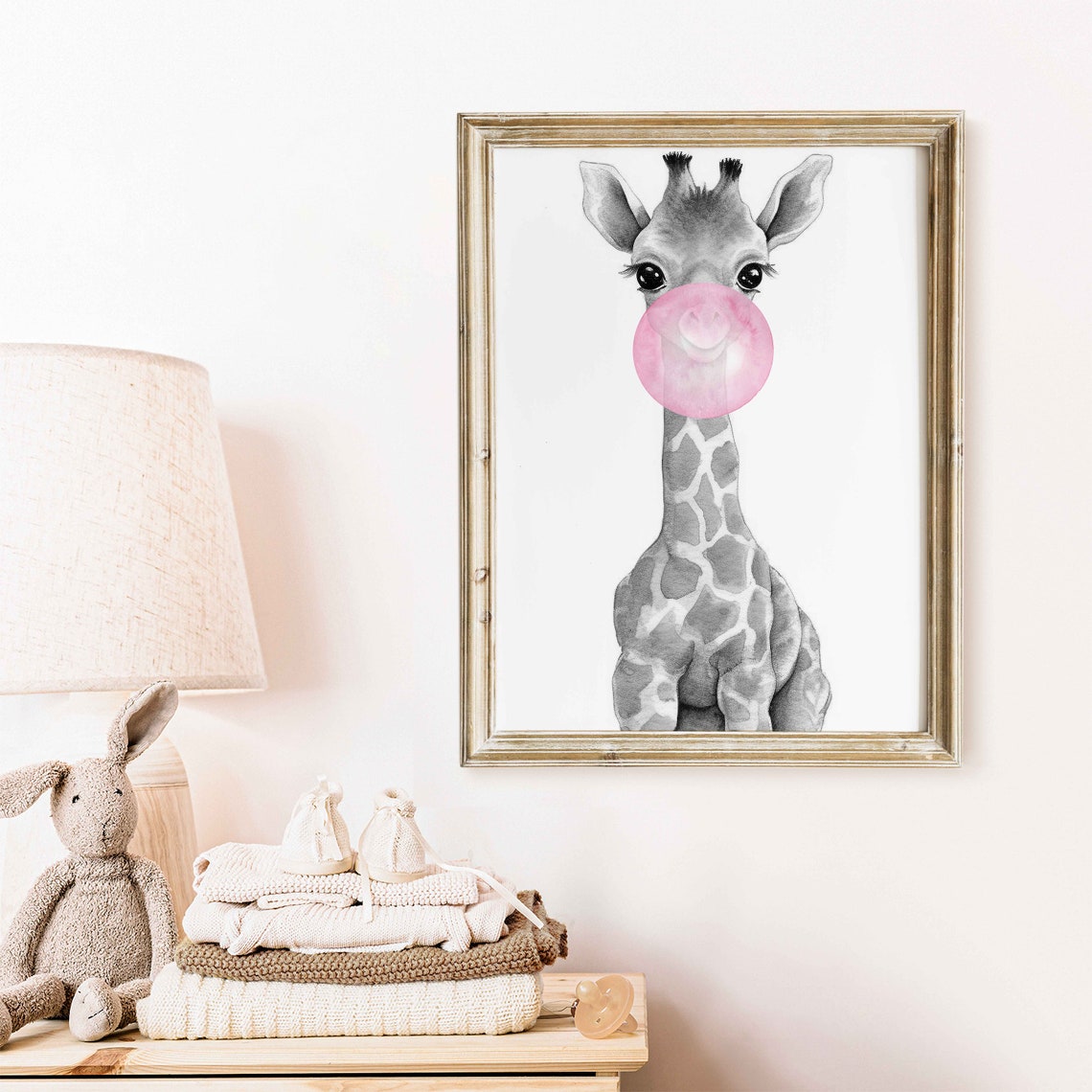 Giraffe Blowing Pink Bubblegum Whimsical Funny Nursery Art Poster - Image 2