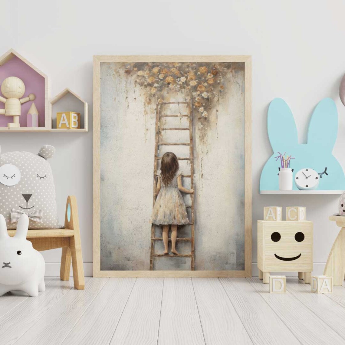 Little Girl Climbing Ladder Into Blooming Flowers Nursery Poster - Image 2