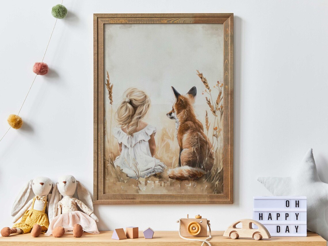 Fox Nursery Decor Vintage Girl and Fox Art Print