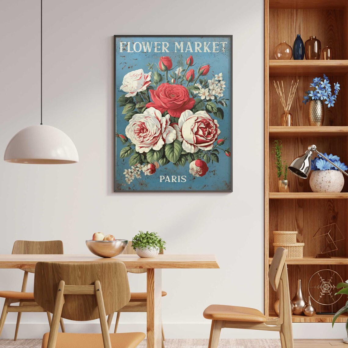 Flower Market Paris Vintage Rose Bouquet Teal Floral Art Print - Image 2