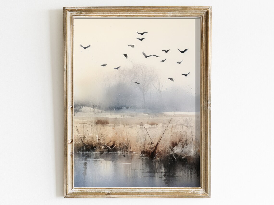 Flock of Birds over Misty Wetland Poster Tranquil Watercolor Nature