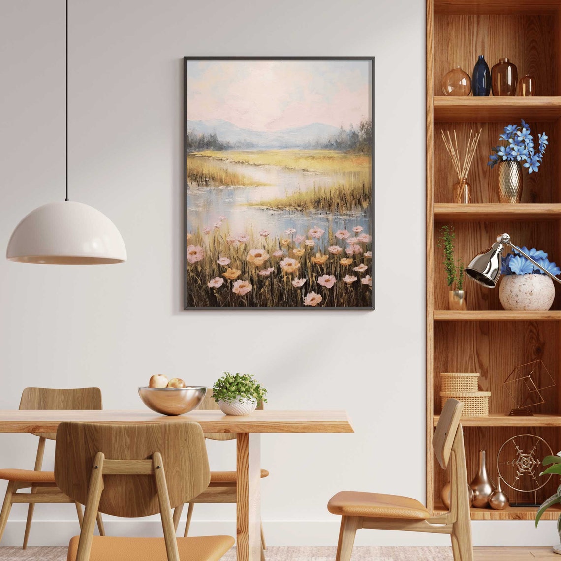 Pastel Wildflower Meadow Beside a Misty Mountain Lake Poster - Image 2