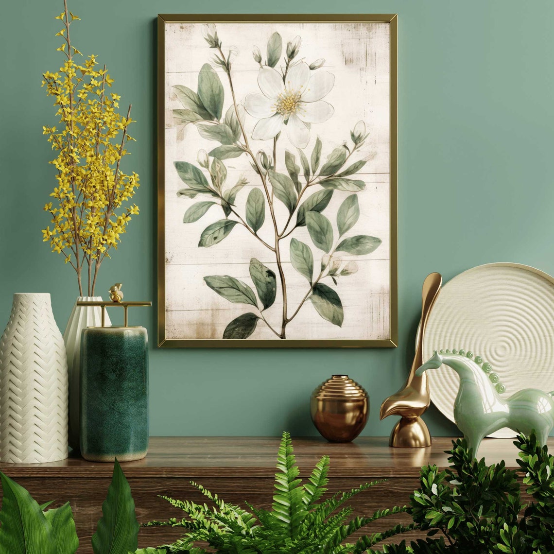 White Blossom Botanical Poster Delicate Flower on Distressed Wood Art - Image 2