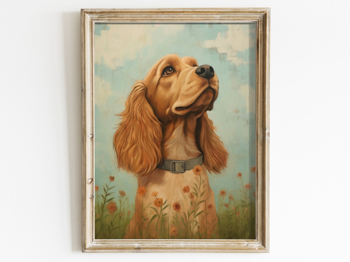 Golden Cocker Spaniel Among Orange Flowers Vintage Dog Poster