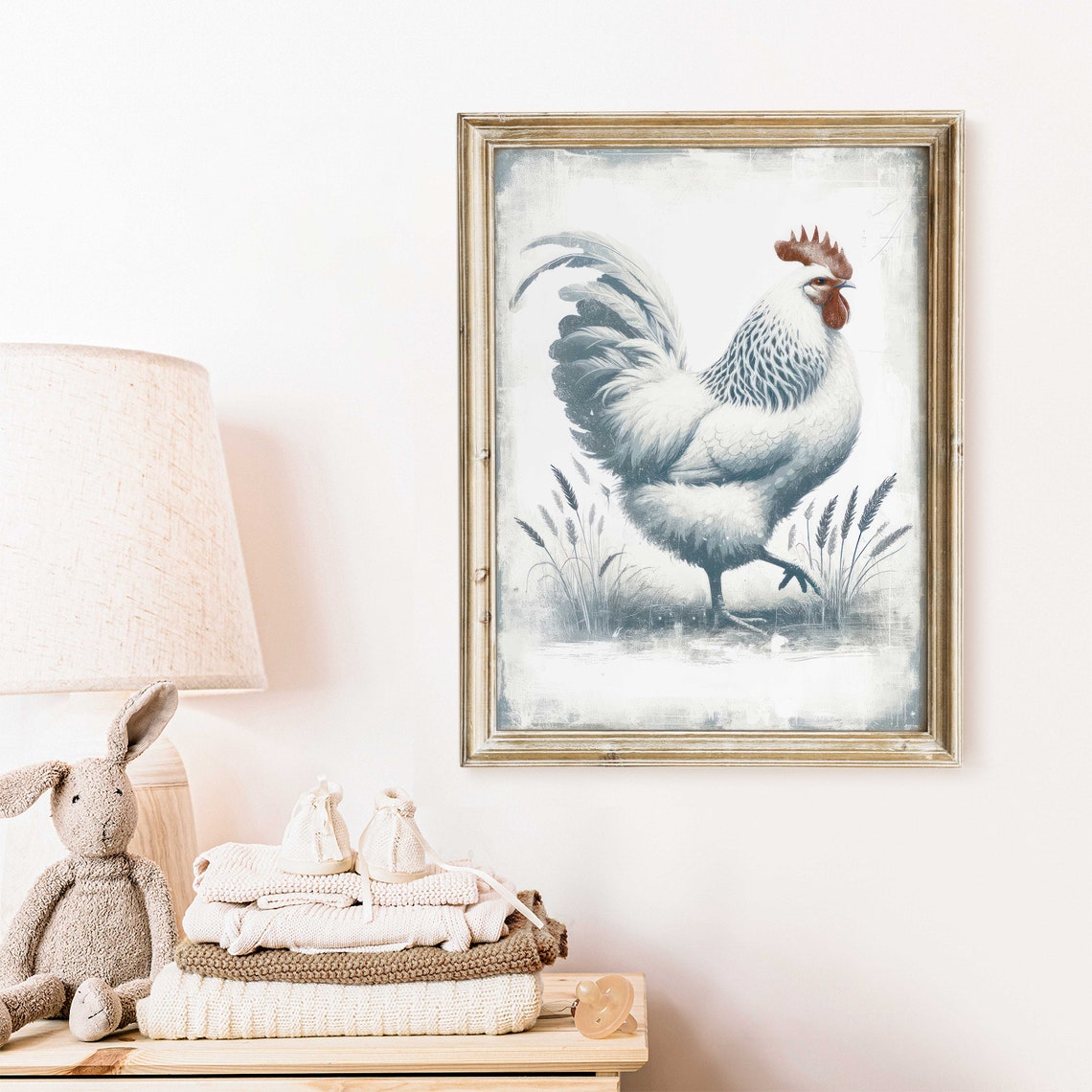 White Rooster in Wheat Field Vintage Farmhouse Animal Poster - Image 2