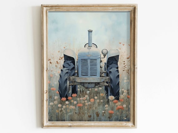 Vintage Blue Tractor in a Wildflower Field Farm Decor Wall Art