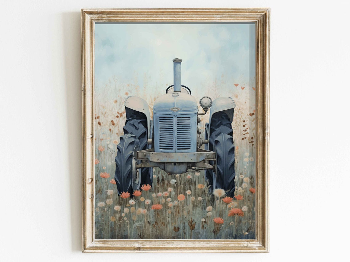 Vintage Blue Tractor in a Wildflower Field Farm Decor Wall Art