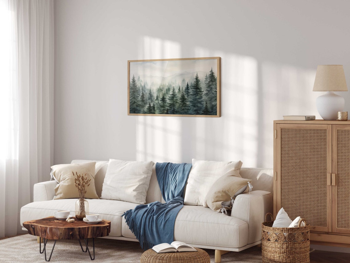Misty Pine Forest Watercolor Poster Foggy Evergreen Landscape Decor - Image 2
